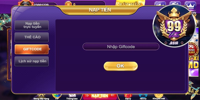Cách gửi tiền 99vina qua giftcode