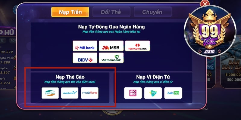 3 bước nạp tiền 99vina thẻ cào